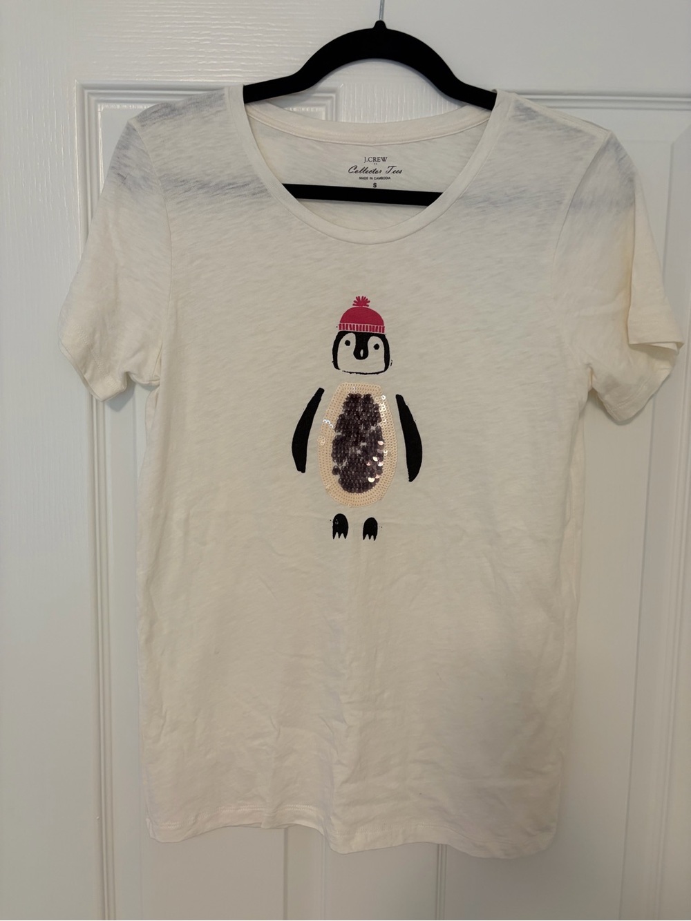 J. Crew White Kids Penguin Sequin Tee with Pink Hat